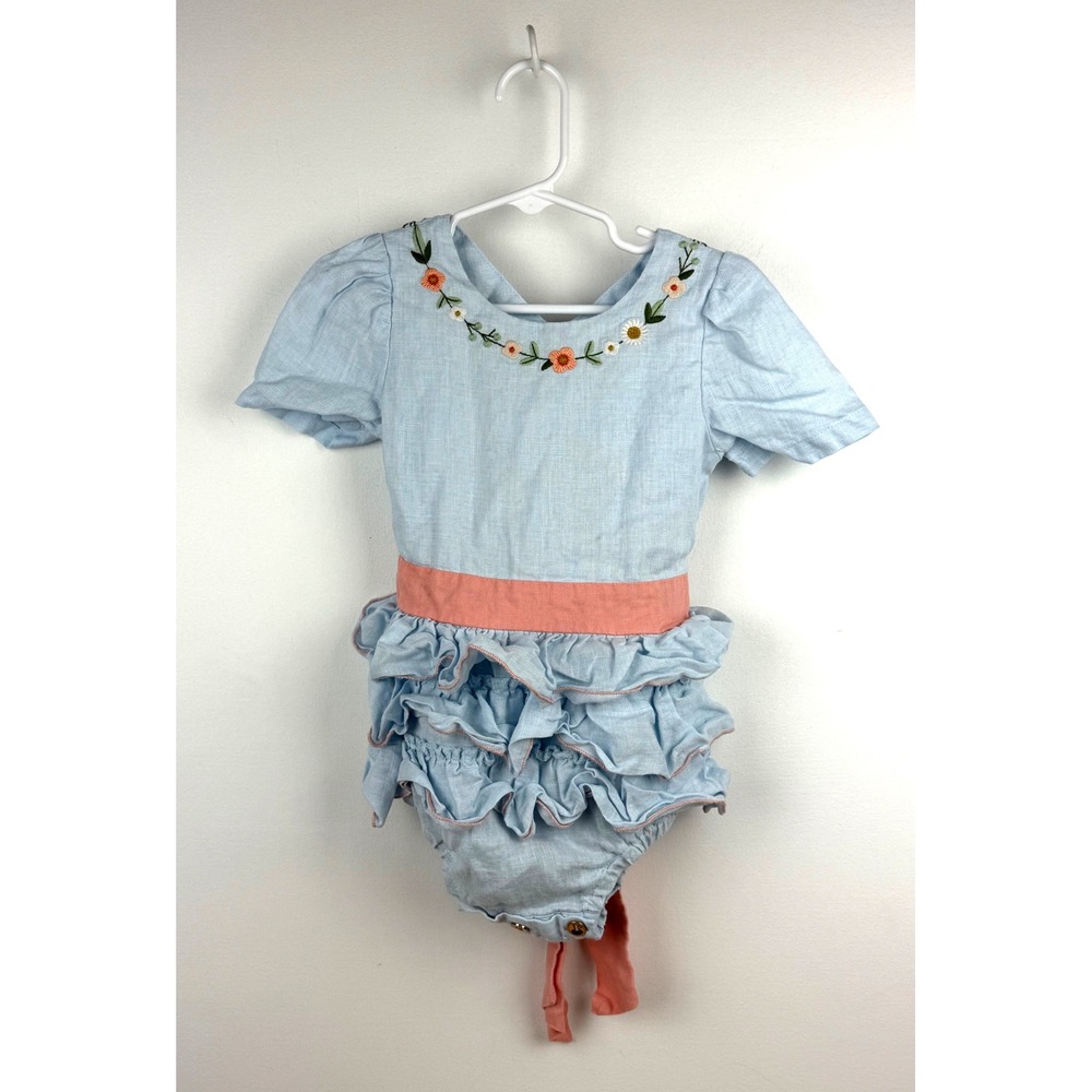 Eliza Grace Blue Ruffle Bloomers One‎ Piece Romper Embroidered Floral 3T Girl